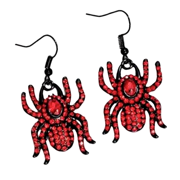 Black Tarantula Spider Charm Earrings Ruby Red Rhinestone Goth Crystal Spiders - Picture 1 of 3